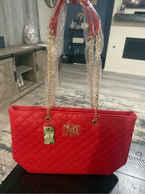 NWT Badgley Mischa Vegan Leather Quilted Tote Bag in Red with Gold Chain Straps